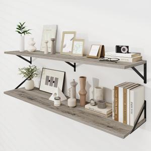 Dreamland Floating Shelves for Wall, 12 Inch Deep Floating Shelves Set of 2, 55W x 12D Large Wall Shelf with Sturdy Metal Brackets for Living Room, Bathroom, Bedroom and Kitchen, Grey