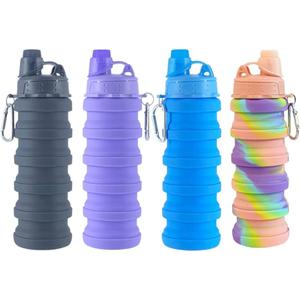 Collapsible Water Bottles 4 pack Travel Water Bottle Portable Hiking Water Bottle with Leak proof Twist Cap 500ML Reusable BPA Free Silicone Water Bottles. (Black+Purple+Blue+Pink)
