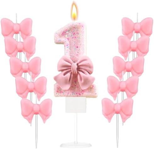 Pink Birthday Number Candles with Bow and Glitter Sequins, Includes 20 Mini Bow Pink Birthday Candles, Safe Sparkler Candles for Cake Decorations, Birthdays, Weddings, Baby Showers, Number 1 set of 2