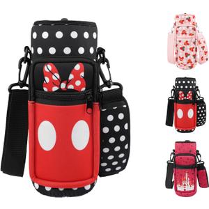 Water Bottle Carrier Bag 25oz/32oz Water Bottle Pouch Holder Adjustable Shoulder Strap Neoprene Water Bottle Sling Bag with Phone Pocket Insulated Tumbler Accessories for Walking (Black Red)