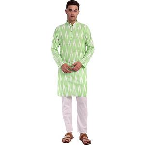 SKAVIJ Men's Pure Cotton Printed Kurta Pajama Set Ikat Design Casual Ethnic Dress (Lime Green, S)