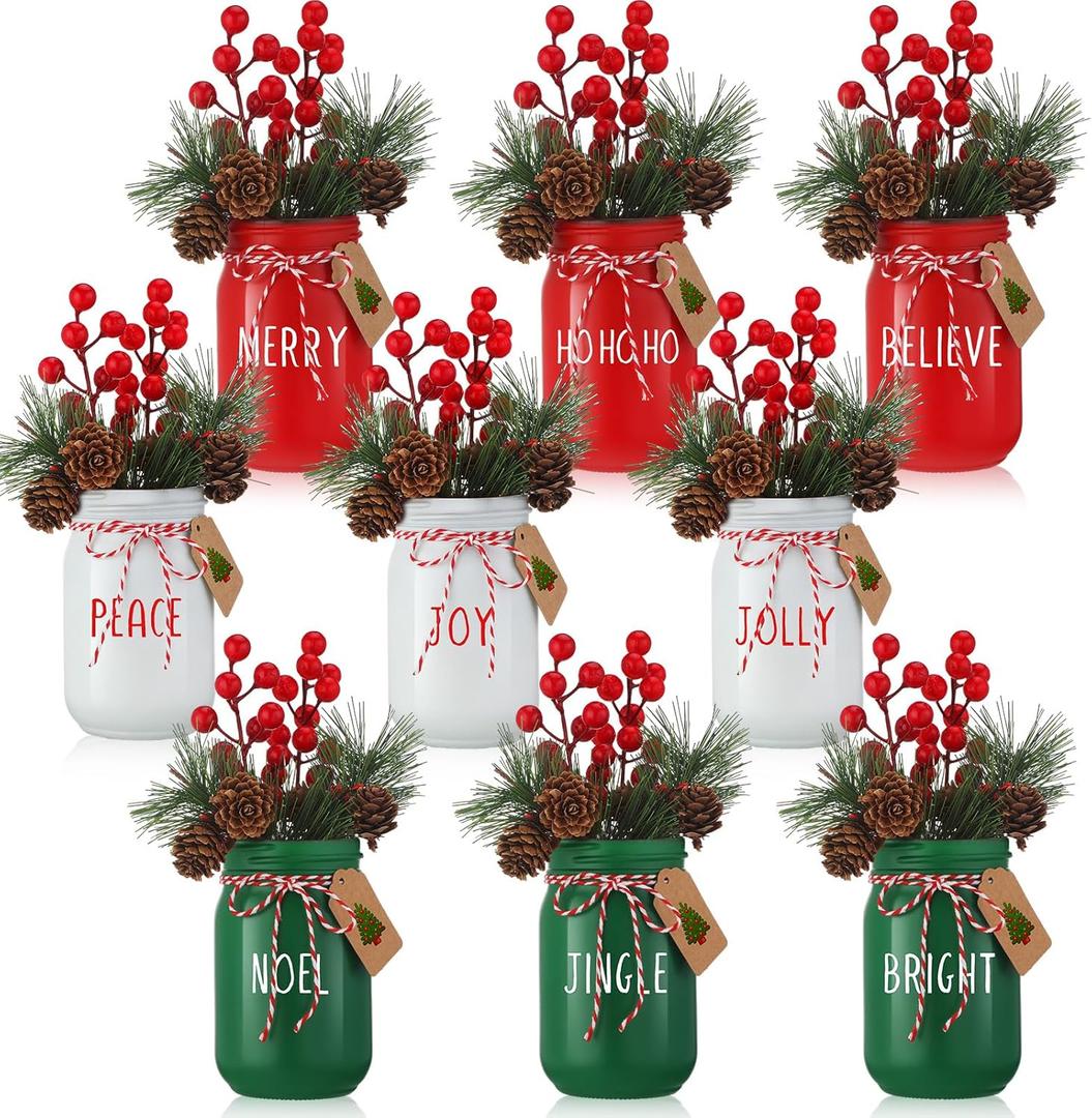 Set of 9 Christmas Mason Jar Table Centerpiece Decor 13 oz Glass Christmas Mason Jar Artificial Pine Cone Berry Faux Plants with Sticker for DIY Dining Kitchen Tiered Tray Decoration