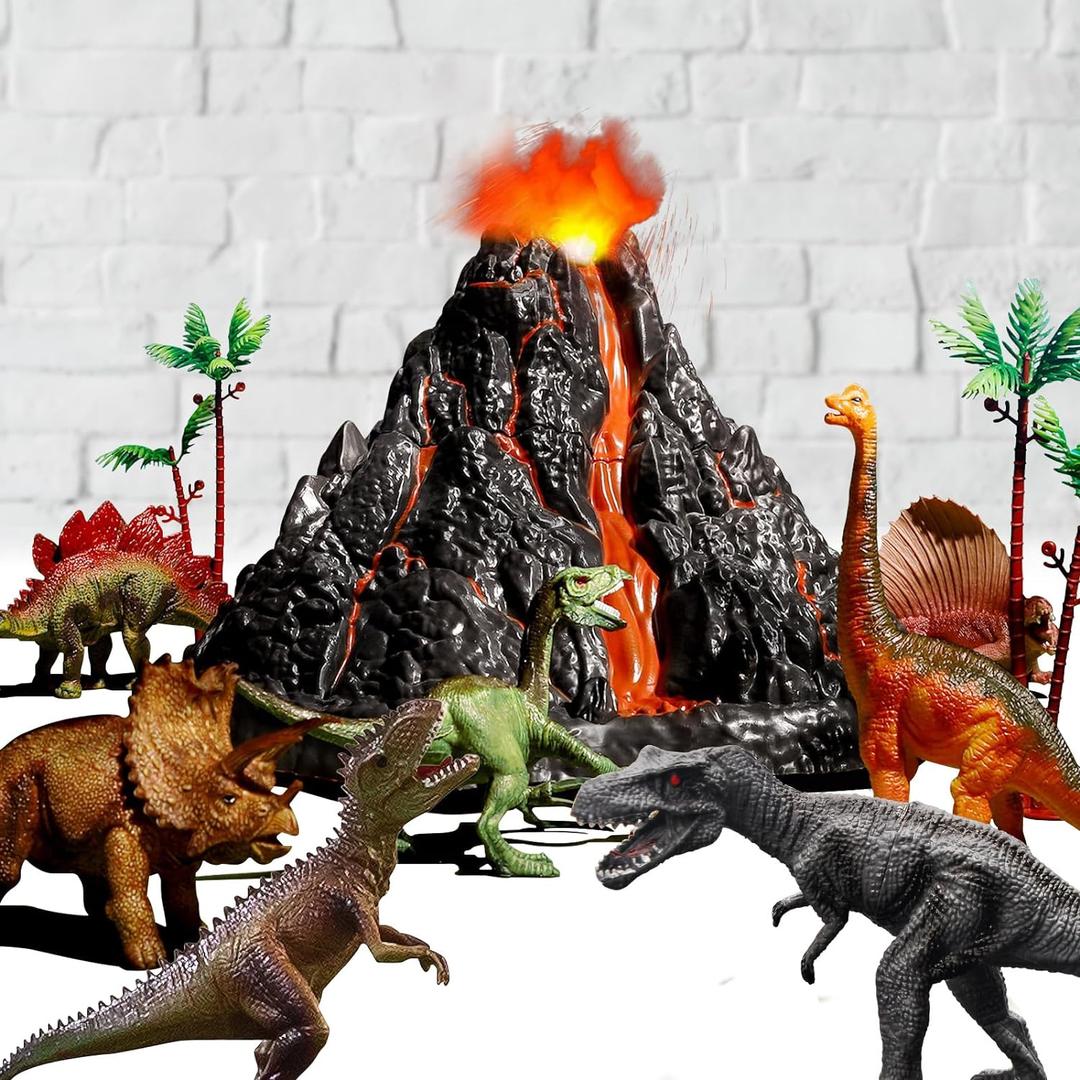 Large Volcano Set with 9 Realistic Dinosaur Action Figures for Kids 2 3 4 5 6 8 10 Years, Simulated Volcanic Eruptions w/Sounds, Volcano Can Store Dinos, Gift for Toddlers Boys & Girls