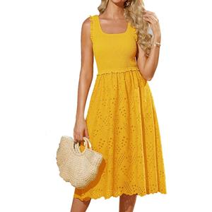 GRACE KARIN 2025 Womens Summer Casual Sleeveless Embroidered Vacation Midi Dress with Pockets Yellow M