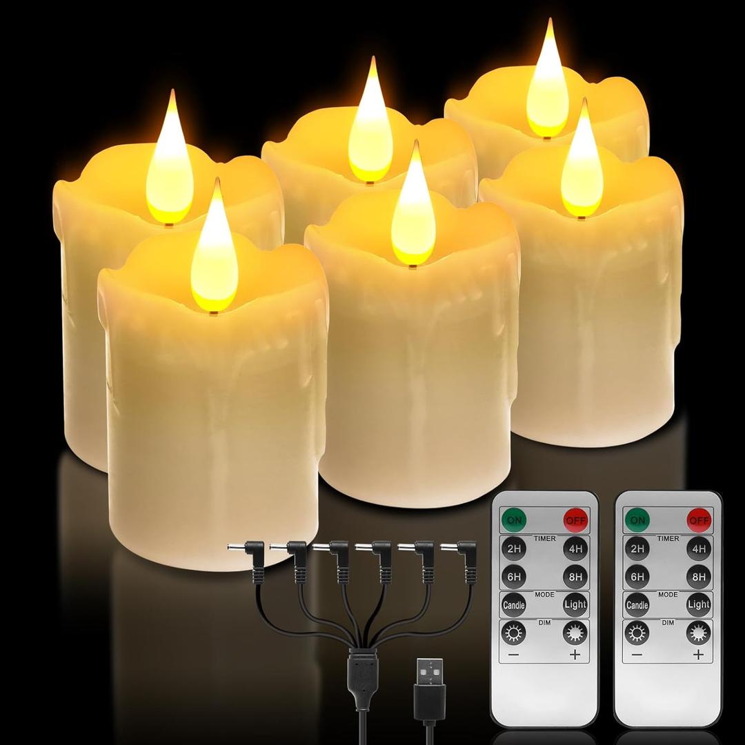 6 PCS Real Wax Rechargeable Flameless Warm White LED Candles,Remote Control,D2 x H4,Brightness Adjustable Flickering Battery Operated Tea Lights Candles with timer,for Christmas,Home,Halloween Decor