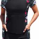 Daci Women's Two Piece Rash Guard UPF 50 - Short Sleeve Swim Shirt with Built-in Bra and Shorts with Pockets (Large, Black & Green Leaf Flower)