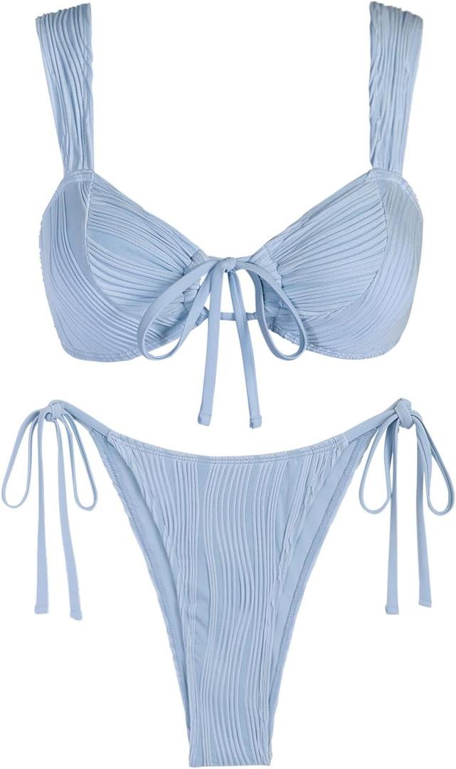 ZAFUL Women's Cinched Bikini Solid Color Wave Textured Knotted Tied Side Two Piece Swimsuit Bathing Suits (1-light Blue), L