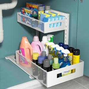 Pull-out Under Kitchen Sink Organizer, Metal Functional Under Sink Organizer, Height Adjustable Under Bathroom Sink Organizer, Under Sink Storage for Kitchen Bathroom Cabinet (White) (XL-1PCS)