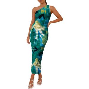 PRETTYGARDEN Women's One Shoulder Bodycon Dresses Summer 2025 Ruched Floral Beach Cocktail Wedding Guest Dress (X-Large)