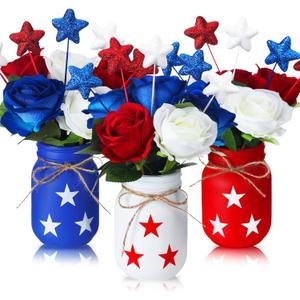 Pickmesh 34 Pcs 4th of July Decorations Patriotic Mason Jar Table Centerpiece with Flowers Star Ornaments Red Blue White Mason Jars Decor Memorial Day Independence Day Party Table Decorations Gift