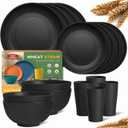 Teivio 16-Piece Kitchen Plastic Wheat Straw Dinnerware Set, Service for 4, Dinner Plates, Dessert Plate, Cereal Bowls, Cups, Unbreakable Plastic Outdoor Camping Dishes, Black Matte