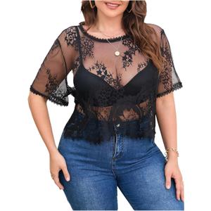 Floerns Women's Plus Size Lace Mesh Sheer Blouse Crew Neck Short Sleeve Crop Top (XL)