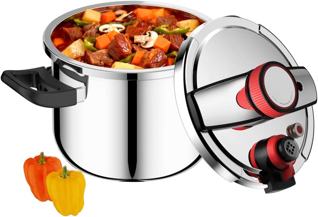 Pressure Cooker Stainless Steel 5.3 Qt, Small Pressure Pot with One-Hand Locking Lid, Dual Locking Safety System, Gas Stovetop Compatible