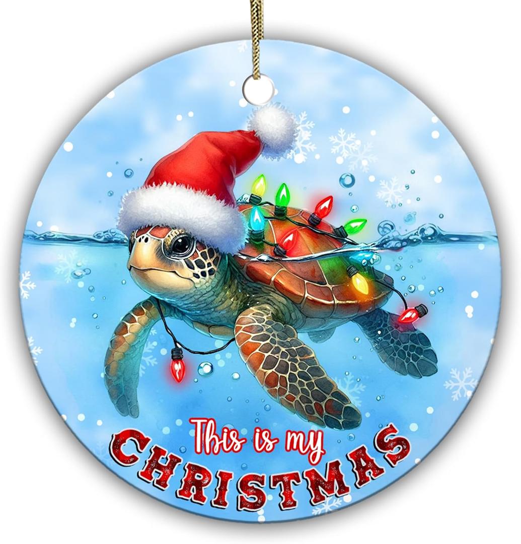 Sea Turtle Christmas Ornament  This is My Christmas  Cute Ocean-Themed Holiday Tree Decoration with Santa Hat & Festive Lights  Gift for Beach & Marine Animal Lovers 2025