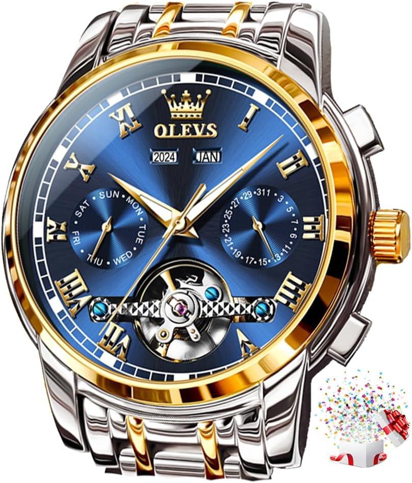 OLEVS Self Winding Watches for Men Automatic Mechanical Dress Tourbillon Stainless Steel Dual Calendar Waterproof Luminous Wrist Watch (Blue)