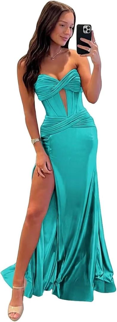 Dessiny Strapless Turquoise Prom Dresses for Women 2024 Long Mermaid Satin Pleated Waist Sweetheart Cut Out Formal Party Dress with Slit US0