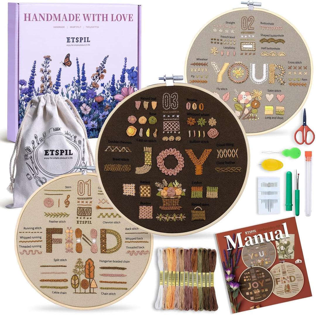 ETSPIL Find Your Joy Beginner Embroidery Kit,3 Pack DIY Starter Kits for Adults with 42 Stitch, Stamped Patterns, Floral Designs, Embroidery Hoop, Colorful Floss, Video Tutorials, and Storage Bag, medium