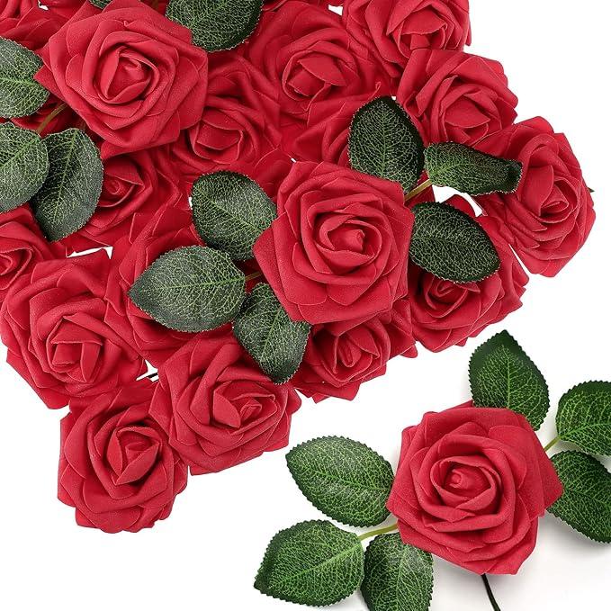 150 Pieces Artificial Roses Flowers Bulk Fake Roses with Long Stem Faux Bridal Flower Bouquets for DIY Wedding Centerpiece Arrangements Bridal Shower Party Home and Office Decor(Red)