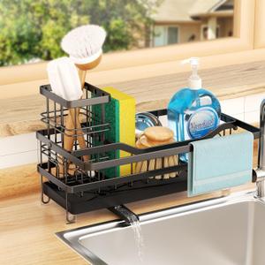 Sponge Holder for Kitchen Sink, Self-draining Sink Organizer with Towel Rack and Brush Holder, Metal Kitchen Sink Organizer for Countertop, Black
