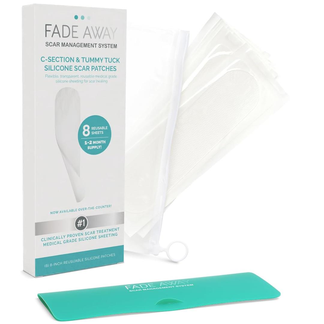 Fade Away Scars Silicone Scar Sheets for C-Section & Tummy Tuck Reusable Medical Grade Silicone Scar Tape for Surgical Scars Soft Scar Strips with Storage Pouch Fade Away Silicone Scar Sheets