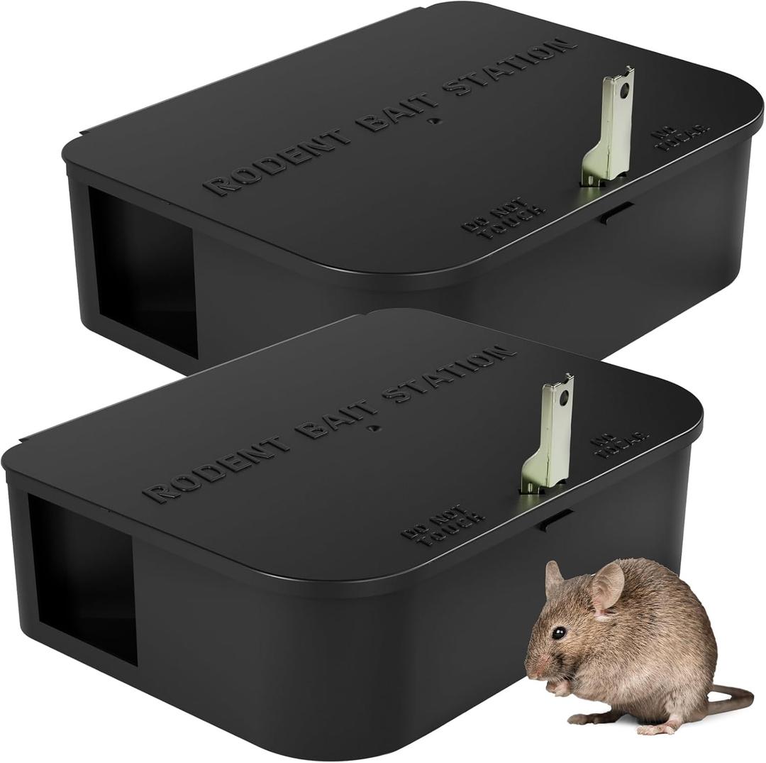 Rat Station Box with 1 Key, Complete Rodent Solution Keeps Rats Away, Pet & Child-Safe, Lock & Key, Reusable & Long-Lasting, Indoor & Outdoor, 2 Pack (Black)