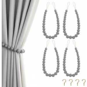 Hion 4 Pcs Boho Curtain Tiebacks,Wood Beads Curtain Holdbacks,Outdoor Farmhouse Tie Backs for Curtains,Curtain Holders for Drapes Home Office Room Decor with Hooks(Grey