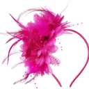 Womens Fascinators Hats Tea Party Hats for Women, Feather Pearl Veil Headband for Wedding Cocktail Dresses Accessories (One Size, Rosy Red)