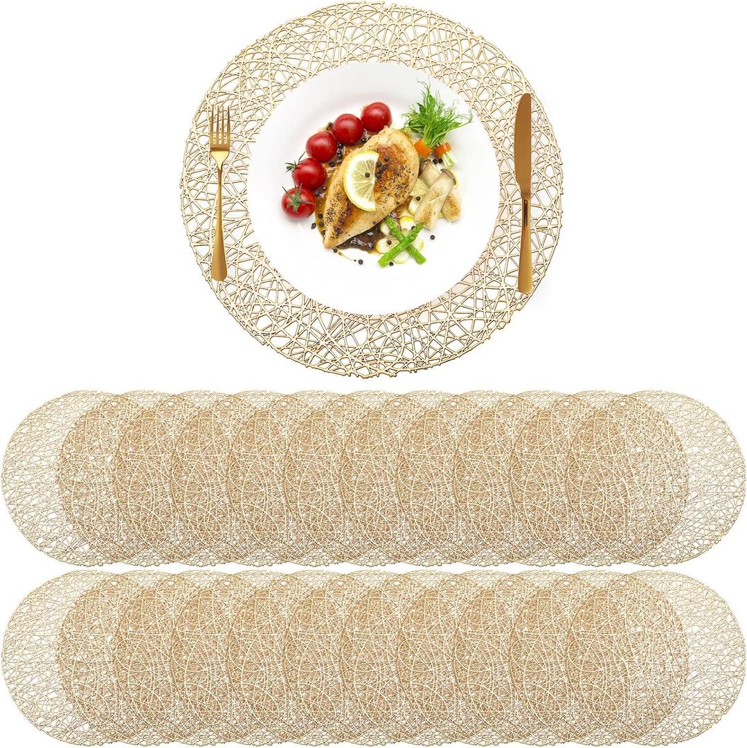 Sieral 24 Packs Gold Round Placemats 15 Inch Hollow Out Pressed Vinyl Place Mats Heat Resistant Woven Gold Placemats for Christmas Dinner Table Winter Holiday Party Wedding Centerpiece Decoration