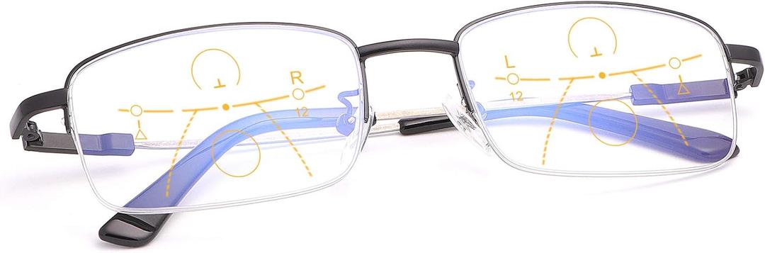 LJIMI Progressive Multifocus Presbyopic Reading Glasses Blue Light Blocking Half Frame Titanium Alloy No Line Multifocal UV Protection Computer Readers for Men and Women Eyeglasses Anti Glare Eyewear
