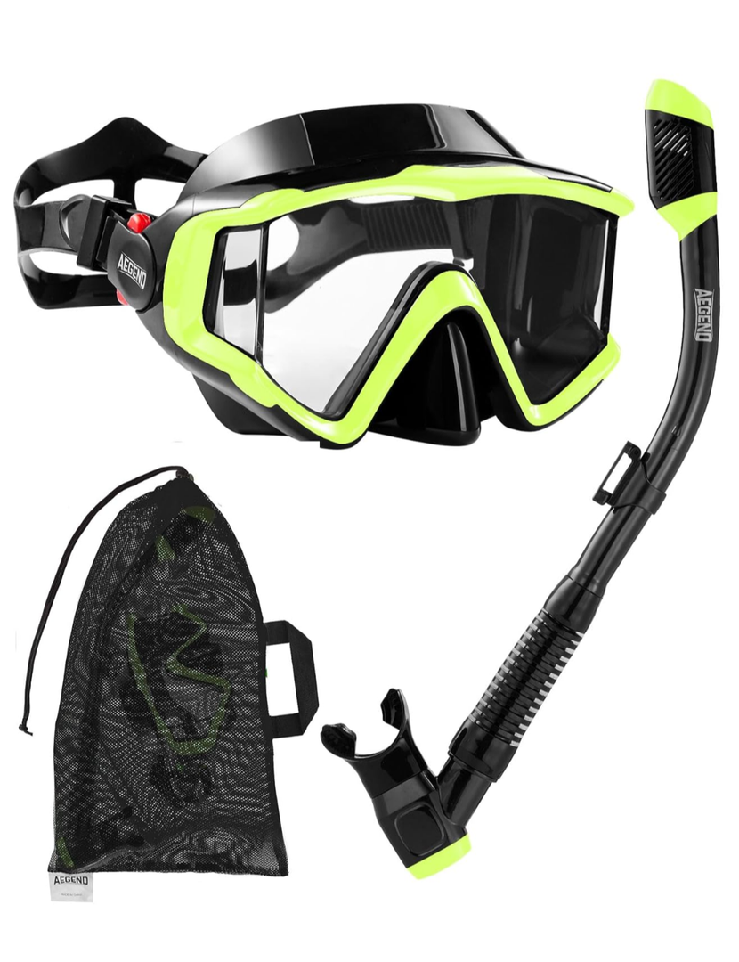 Aegend Snorkeling Gear for Adults, Dry Snorkel Set Panoramic View Enhanced Anti-Leak and Anti-Fog Technology, Adjustable Strap for Snorkeling Scuba Diving Swimming with Mesh Bag