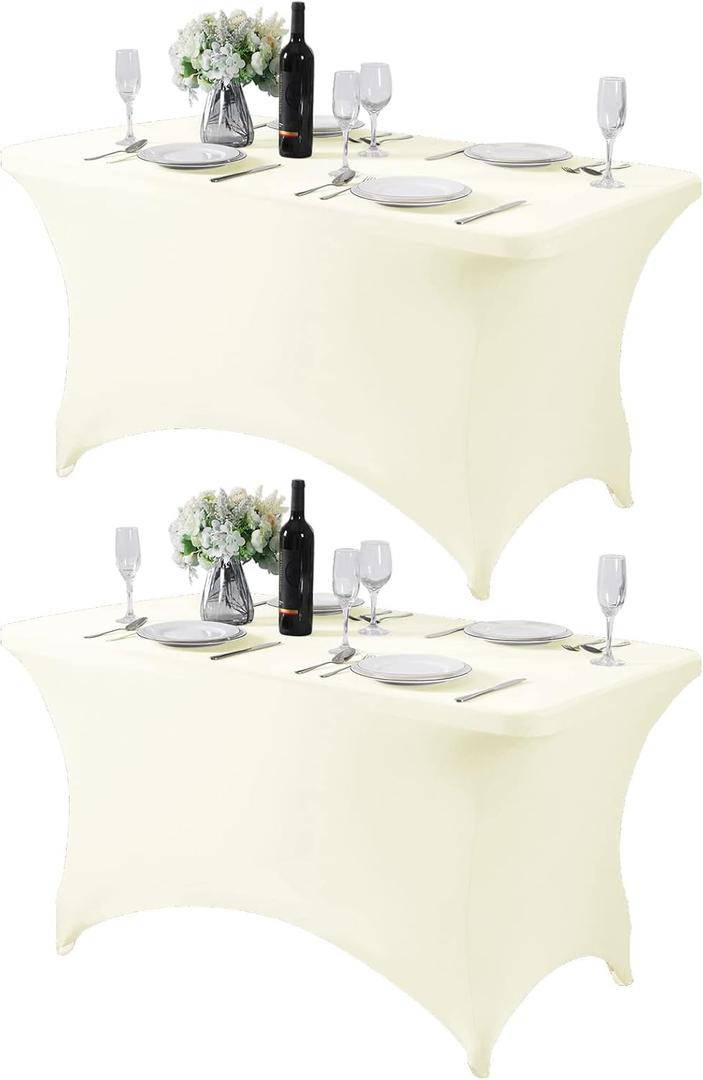 2Pack Spandex Table Cover for 4FT or 6ft or 9ft Table Universal Fitted Stretch Tablecloth for Party, Banquet, Wedding and Events-Ivory