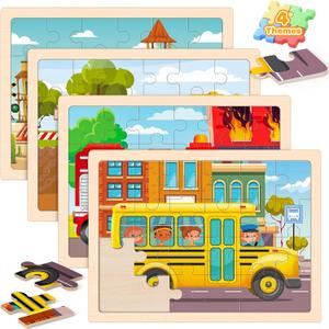 Puzzles for Kids Ages 4-6, 4 Packs 24 Pcs Wooden Jigsaw Puzzles for Toddlers Ages 2-4, Preschool Educational Vehicle Puzzle Toys Gifts for 3 4 5 6 Boys Girls