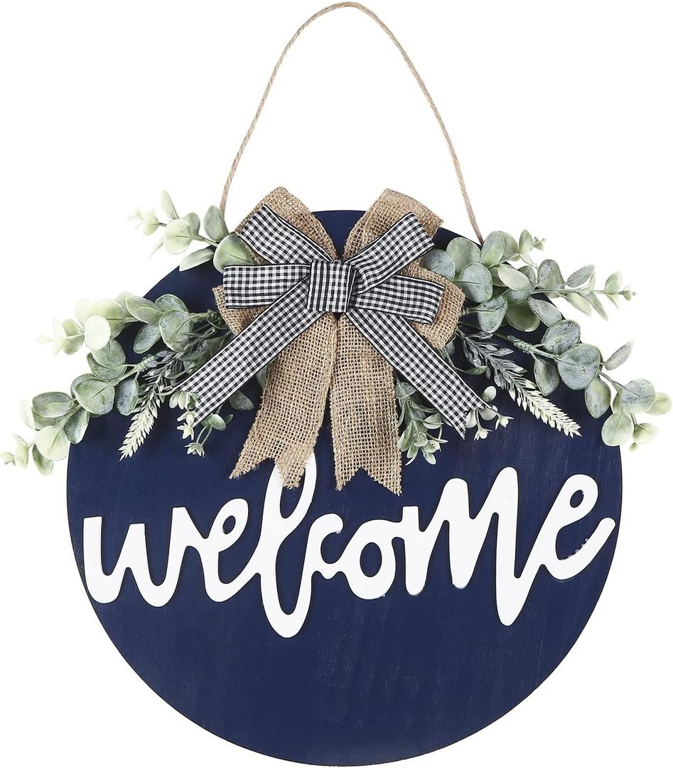 Sattiyrch Welcome Sign for Front Door Round Wood Sign Hanging for Farmhouse porch Door Decoration (Blue)