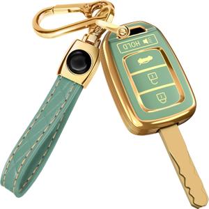 Lucrum Compatible with Honda Key Fob Cover & Leather Keychain - TPU Keyfob Case for Accord Civic CR-V HR-V Pilot Ridgeline SE LX, For 4 Button Remote (2014-2022) - Green and Gold