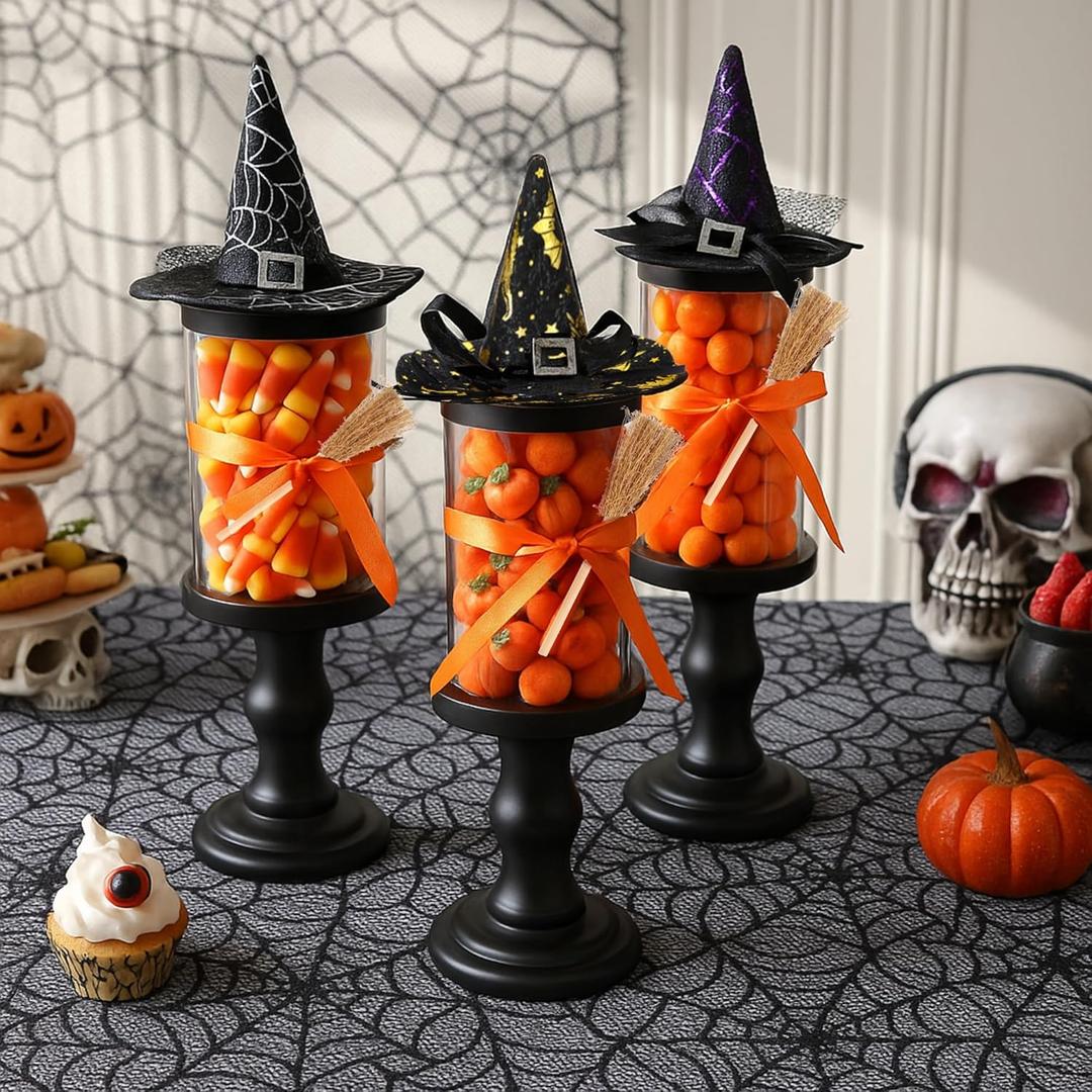 Chunful 3 Pcs Halloween Candy Jar with Lid, Plastic Treat Cookie Containers with Mini Witch Hats, Witch Brooms, Candlesticks and Ribbons, Snack Serving Bowl DIY Candy Bucket Party Decoration