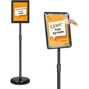 Sign Holder Stand 8.5x11 Inch, Adjustable Sign Stand with 360 Rotated Frame, Floor Standing Sign Holder, Snap-Open Frame Display, Outdoor Indoor Poster Display for advertising, Malls, Black