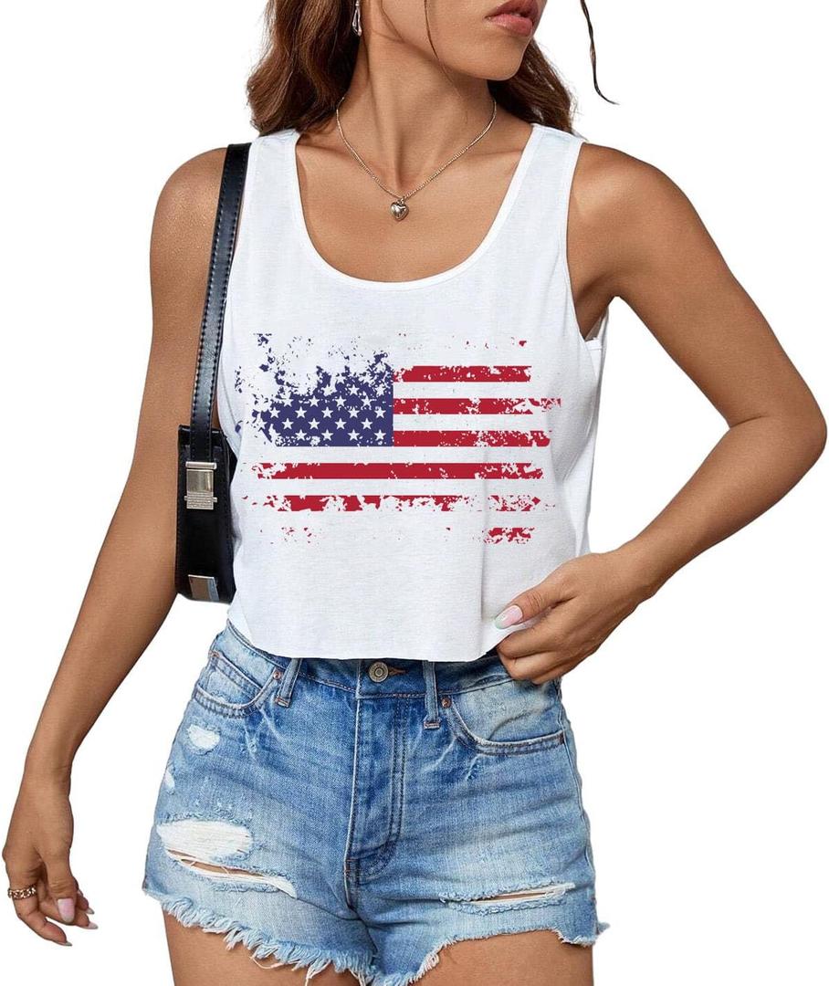 4th of July Crop Tops for Women Funny American Flag Shirts Tank Top Outfits (White, XL)
