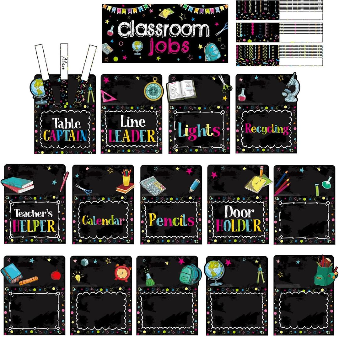 Pajean 75 Pcs Classroom Jobs Cards Teacher's Helpers Bulletin Board Set Class Jobs Pocket Chart with Chalkboard Brights Name Tags for Preschool Elementary Back to School Decor(Bright Chalkboard)