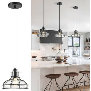 Industrial Pendant Lights Kitchen Island Black 8.7", Hanging Light Fixtures with Clear Glass and Metal Cage, Farmhouse Kitchen Pendant Light for Dining Room, Bedroom, Living Room