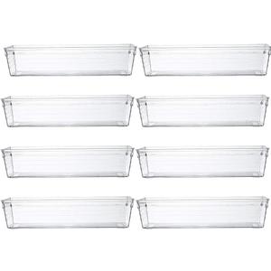 Backerysupply Clear Plastic Drawer Organizer Tray for Vanity Cabinet (9"×3"×2"，Set of 8),Storage Tray for Makeup, Kitchen Utensils, Jewelries, and Gadgets