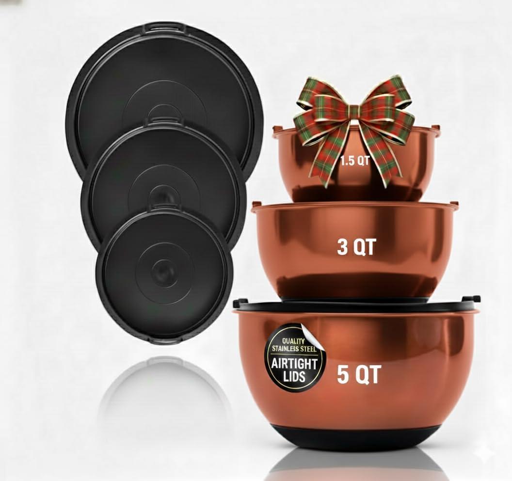 Samma Copper Mixing Bowls Set with Lids - Stainless Steel Interior, Non-Slip Black Silicone Base - Nesting Mixing Bowls for Baking, Cooking & Meal Prep (3-Piece Set)