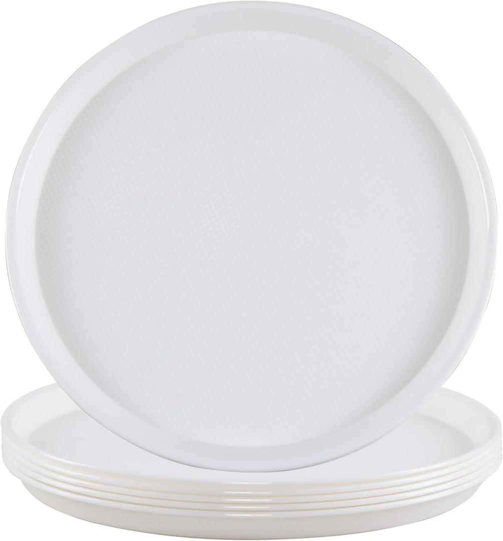 6-Pack Plastic Round Food Serving Tray, Round Restaurant Serving Trays, White