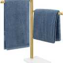 Hand Towel Holder, F-Shape Hand Towel Stand with Marble Base, Stainless Steel Swivel Hand Towel Rack Bar Standing for Bathroom Kitchen Countertop, 2 Arms (Gold)