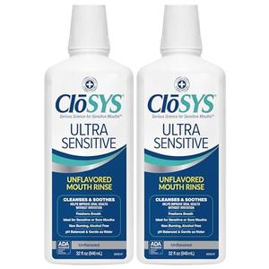 CloSYS Ultra Sensitive Mouthwash, Unflavored Alcohol Free, Dye Free, pH Balanced, Helps Soothe Entire Mouth – 32 Oz (Pack of 2)