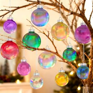 Christmas Balls Ornaments Set, 12Pcs Multi Colored Iridescent Decorative Hanging Balls for Christmas Trees Decorations, Plastic Clear and Shiny Ornaments for Xmas Tree Holiday Party Wedding
