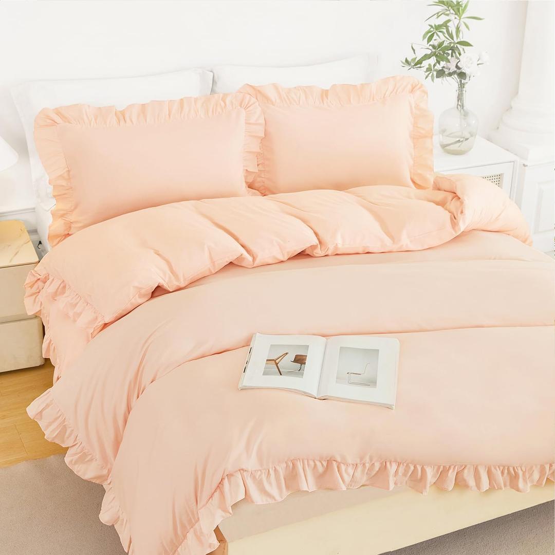 Girls Ruffled Cover Set Queen 3 Pieces Peach Pink Bedding Duvet Cover Sets Shabby Chic Ruffle Duvet Cover Set for Kids with 1 Comforter Cover 2 Pillowcases(Peach Pink, Queen)