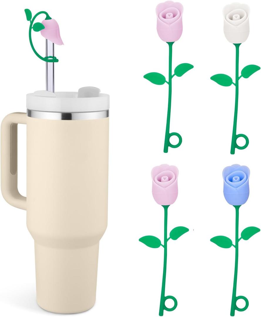Straw Toppers for Stanley Cup, Cute Straw Cover Cap Compatible with 20 30 40 Oz Tumbler and Water Bottles, 6 8 10mm Straw Accessories, 4Pcs Silicone Rose Flower for Women Kids (Pink Pink Blue White)
