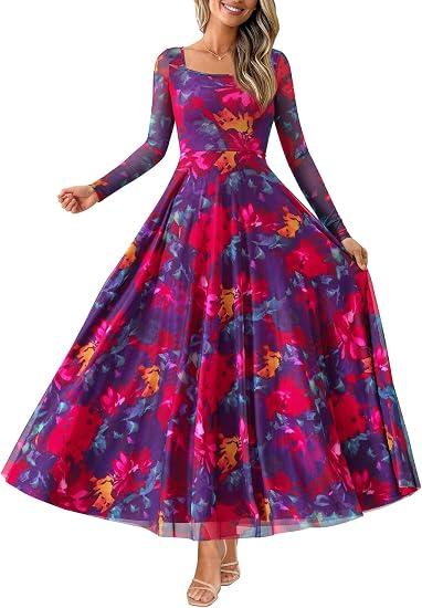 BTFBM Women Boho Maxi Dress Fall 2026 Wedding Guest Dresses Formal Long Sleeve Dresses,Mesh,Square Neck,A-Line,Homecoming Dress,Cocktail,Birde,Prom,Fall Outfits For Women M