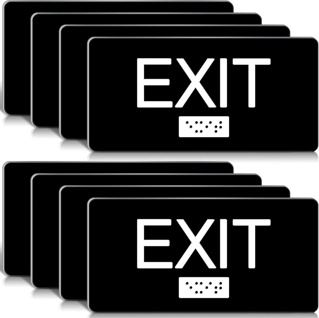 8 Pcs ADA Compliant Exit Sign with Tactile Braille 6 x 3 Inch Plastic Exit Sign for Business with Adhesive Mounting Strips for Indoor Outdoor Office Buildings Workplace