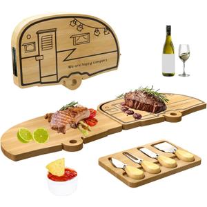 Camping Cheese Board and Knife Set Foldable Bamboo Charcuterie Boards Gift Unique Cheese Cutting Board Birthday Gifts for Mom Dad House Warming Gifts for Women Men Wedding Gifts for Couple